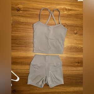 Gray crop tank and shorts workout set